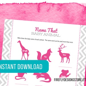 Name That Baby Animal - Baby Shower Spiel - Rosa und Grau - Printable Instant Download (FF02)