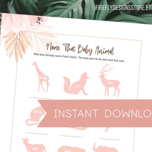 Name That Baby Animal - Boho Floral Pink Brown Pampas - Baby Shower Game Activity - Printable Instant Download (FF07)