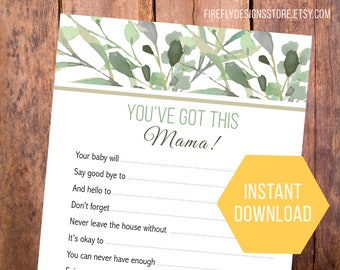 Conselhos para a mamãe - Você conseguiu, mamãe! - Atividade de jogo para chá de bebê - Geométrico botânico verde e dourado - Download instantâneo para impressão (FF05)