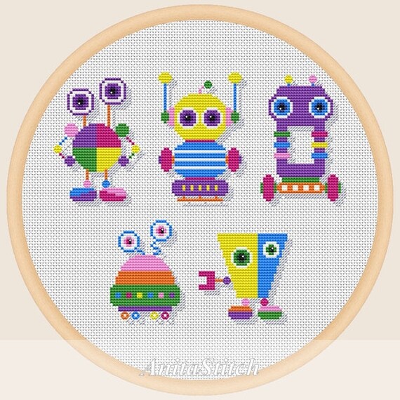 Robots Set 4 Cross Stitch Pattern Etsy