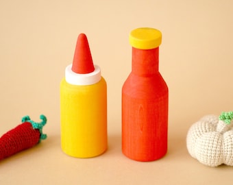 Wooden toy food Ketchup & Mustard Bottle Christmas kid gift toy sauce pretend food wooden toy food wooden toys Stosking stuffers