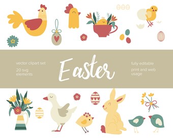 Easter Clipart Set: Bunny, Chick, Flowers SVG Vector Elements (Digital Download)