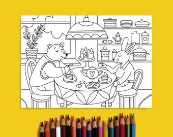 Coloring sheet, colouring paper image for physical of digital coloring for kids, digital coloring animal coloring tea time coloring