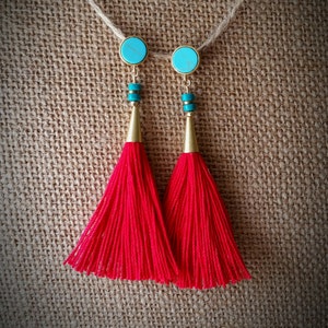 Red tassel earring, turquoise earring, turquoise post earring, gold earring, dangle post earring, tassel earring