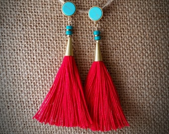 Red tassel earring, turquoise earring, turquoise post earring, gold earring, dangle post earring, tassel earring