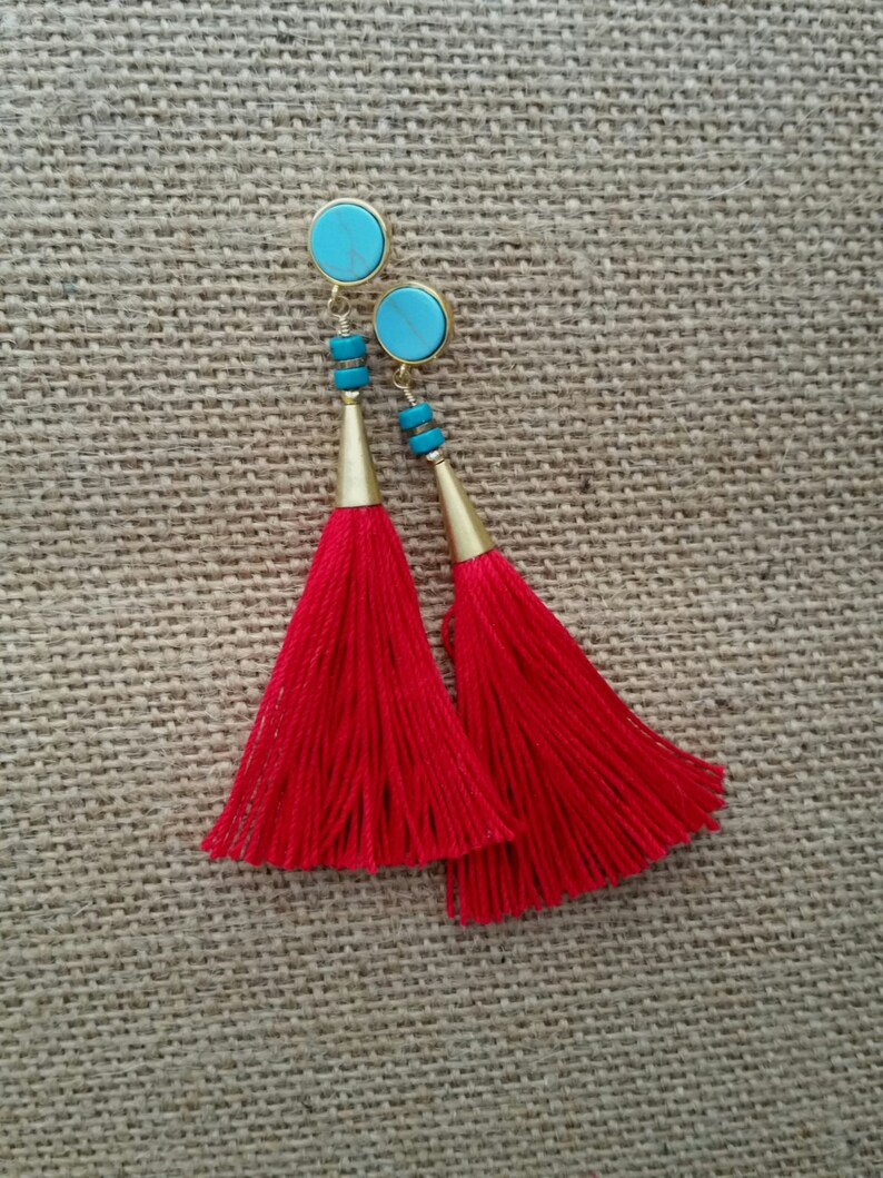 Red tassel earring turquoise earring turquoise post earring Etsy