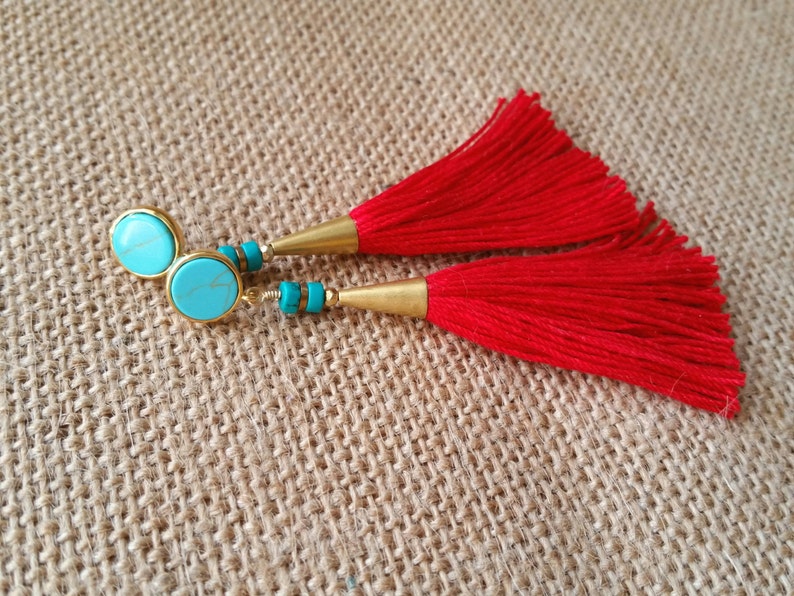 Red tassel earring turquoise earring turquoise post earring Etsy