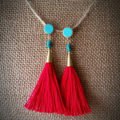 Red Tassel Earring Turquoise Earring Turquoise Post Earring Etsy