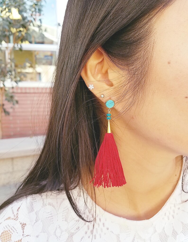 Red tassel earring turquoise earring turquoise post earring Etsy