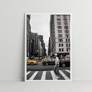 Black and White NYC Cityscape, Yellow Taxi Cabs, New York City Photography, Black and White Street Photography