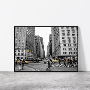Black and White NYC Landscape, New York City Cityscape, Yellow Taxi Cabs, New York City Photography, Black and White Street Photography