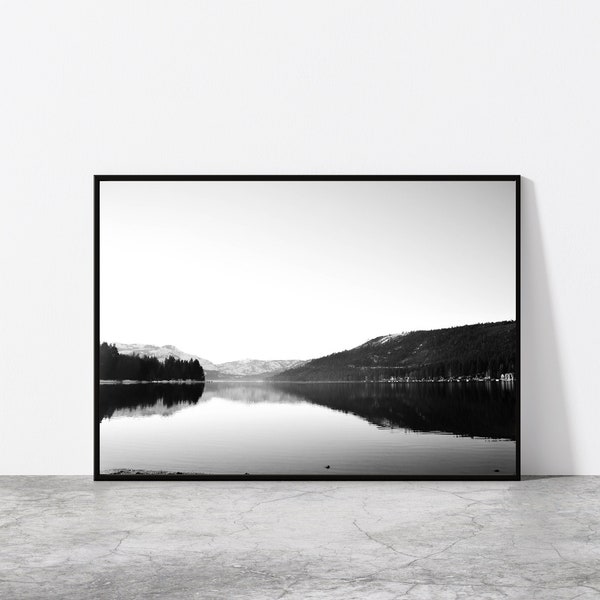Black and White California Landscape, Donner Lake Photography, Water Reflection Art, Truckee Nature Landscape, Tahoe Winter Photography