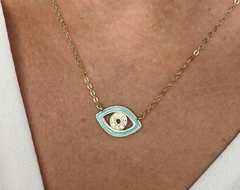 Turquoise Enamel Eye Necklaces, Cz, 18k Yellow or Rose Vermeil on 925 Sterling Silver
