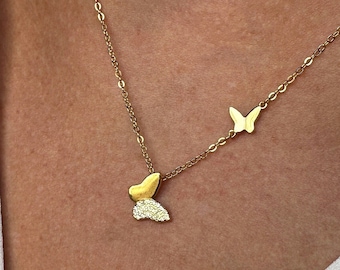 Double Butterfly Chain Necklaces, Cz, 18k Rose or Yellow Gold Vermeil on 925 Sterling Silver