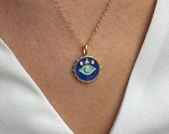 Navy & Turquoise Enamel Eye Necklaces, Cz, 18k Yellow or Rose Vermeil on 925 Sterling Silver