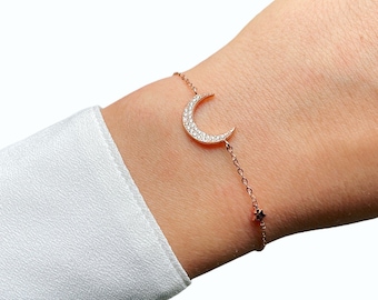 Moon & Star CZ Bracelet 18ct Rose Yellow Gold Vermeil on 925 Sterling Silver
