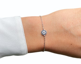 Blue Lucky Evil Eye Bracelet, Cz Stones, 18k Rose or Yellow Gold Vermeil on 925 Silver