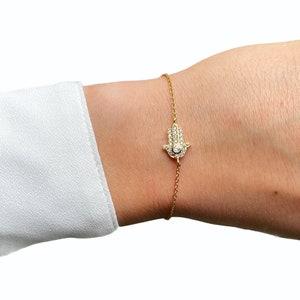 Small Hand of Fatima Hamsa Bracelet, Cz Stones, 18k Rose or Yellow Gold Vermeil on 925 Silver