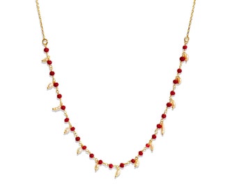 Chauffé Ruby & Pearl Small Beaded Handmade Necklace Gold Vermeil sur 925 Sterling Silver