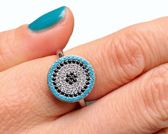 Turquoise Colur Turkish Greek Evil Eye Rings, Cz Stones, Rose or Yellow Gold Vermeil on 925 Silver