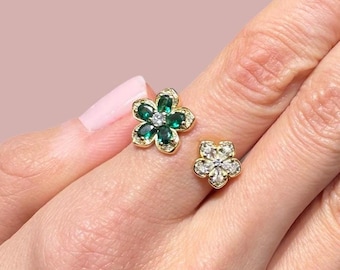 Adjustable Double Flower Rings, Emerald Cz Stones, Yellow Gold Vermeil on 925 Sterling Silver