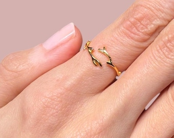Adjustable Thin Leaf Rings, Yellow or Rose Gold Vermeil on 925 Silver