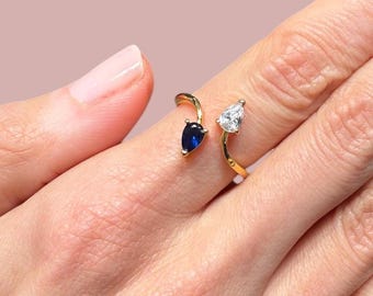 Adjustable Diamond & Blue Sapphire Look Cz Drops Rings, Yellow Gold Vermeil on 925 Sterling Silver