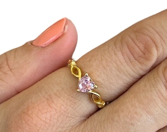 Pink Cz Heart Ring, Rose, Yellow Gold Vermeil on 925 Sterling Silver