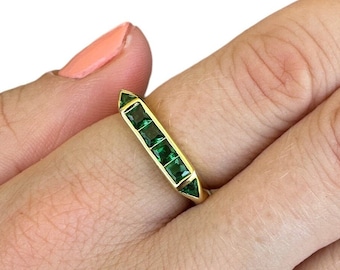 Emerald Look Cz Art Deco Style Rings, Rose, Yellow Gold Vermeil on 925 Silver