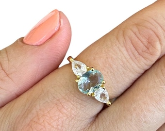 Aquamarine Look Cz Stone Rings, Yellow Gold Vermeil on 925 Sterling Silver