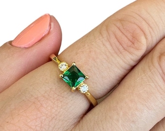 Square Emerald Look Cz Stone Rings, Yellow Gold Vermeil on 925 Sterling Silver