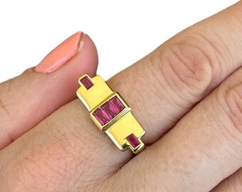 Ruby Look Cz Art Deco Style Rings, Rose or Yellow Gold Vermeil on 925 Silver