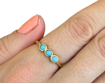 Turquoise Cz Triology Rings, Rose or Yellow Gold Vermeil on 925 Sterling Silver