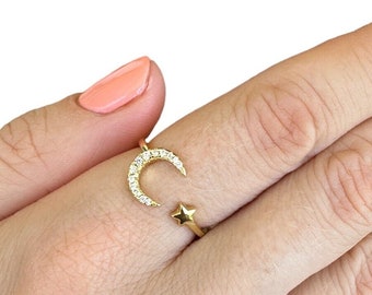 Small Moon Star Adjustable Rings, Cz Stones, Rose or Yellow Gold Vermeil on 925 Sterling Silver