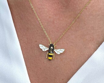 Bee Enamel Necklaces, Cz, 18k Yellow or Rose Vermeil on 925 Sterling Silver