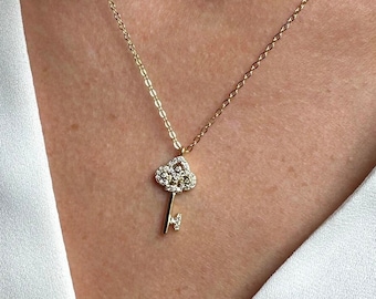 Small Key Necklaces , Cz, 18k Rose or Yellow Gold Vermeil on 925 Sterling Silver