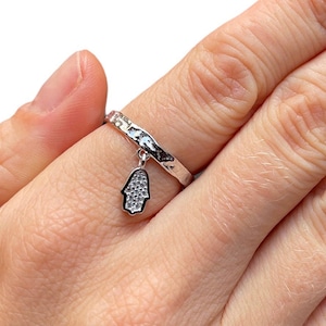 Lucky Hand Of Fatima Hamsa Charm Rings, Cz Stones, Rose or Yellow Gold Vermeil on 925 Sterling Silver