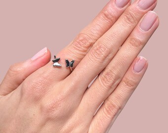 Adjustable Double Butterfly Rings, Yellow or Rose Gold Vermeil on 925 Sterling Silver