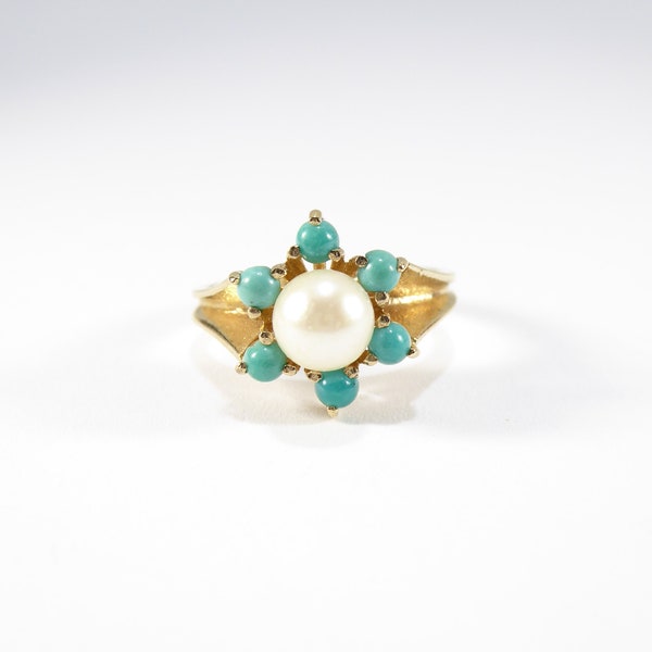 British Vintage Rare Pearl & Turquoise 9k Solid Yellow Gold Tiny Ring ( UK F - US 3 )