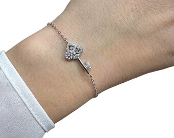 Small Key Bracelet, Cz Stones, 18k Rose or Yellow Gold Vermeil on 925 Silver