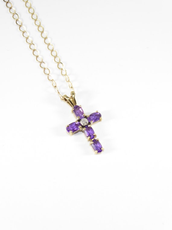 British Vintage Solid Natural Amethyst Diamond Cross Necklace