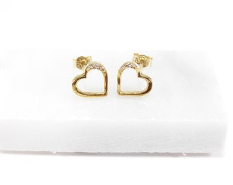 British Vintage Diamond Heart Stud Earrings, 9ct Solid Yellow Gold