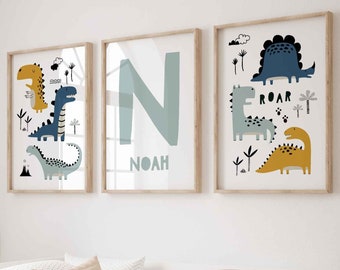 Nursery Prints, Dinosaur Wall Art, Initial Print, Name Print, Set of 3, Scandi Nursery, Boys Room Decor, Kids Wall Art, New Baby Gift