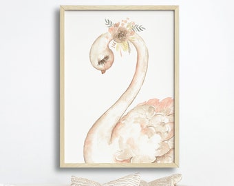 Girls Nursery Wall Art Print, Woodland Nursery,Girls Wall Art, Floral Swan Print, Girls Room Print, Baby Girl Decor, Swan, Girls Wall Art