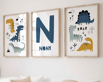 Nursery Prints, Dinosaur Wall Art, Initial Print, Name Print, Set of 3, Scandi Nursery, Boys Room Decor, Kids Wall Art, New Baby Gift