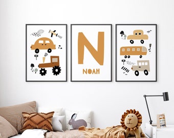 Nursery Prints, Transport Vehicles & Name Print, Set of 3, Boys Room Decor, Kids Wall Art, Plane, Bus, Car, Tractor, Initial Print, Vehicles
