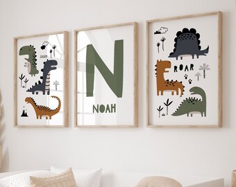 Dinosaur Nursery Wall Art, Set of 3, Boys room Wall Art, Tooddler Room Decor, Initial Name Print, Scandi Nursery, Boho Nursery, Playroom Art