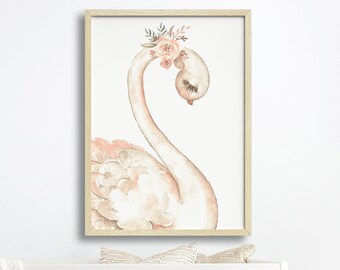Girls Nursery Wall Art Print, Woodland Nursery,Girls Wall Art, Floral Swan Print, Girls Room Print, Baby Girl Decor, Swan, Girls Wall Art