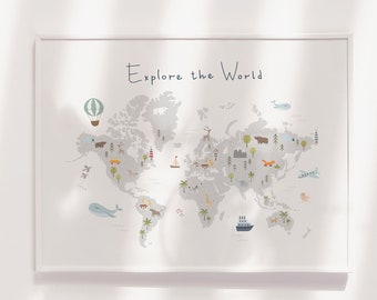 World Animal Map, Nursery Print, Animal Map, World Map Poster, Kids Wall Art, Kids World Map, Nursery Wall Art, Map for Nursery, Transport