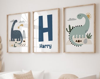 Dinosaur Wall Art, Set of 3 Prints, Personalised Name Print, Dinosaur Nursery Prints, Boys Bedroom Decor, Kids Wall Art, Dinosaur Nursery